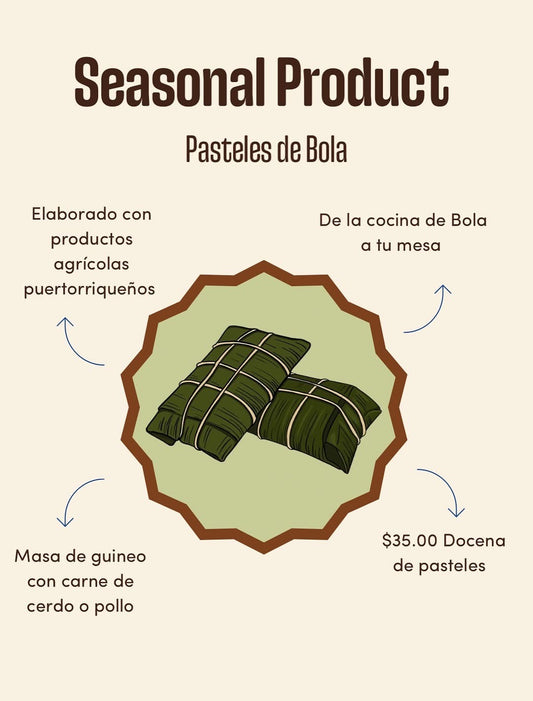 Advertisement for 'Pasteles de Bola' with text and an illustration of wrapped pastries on a beige background.