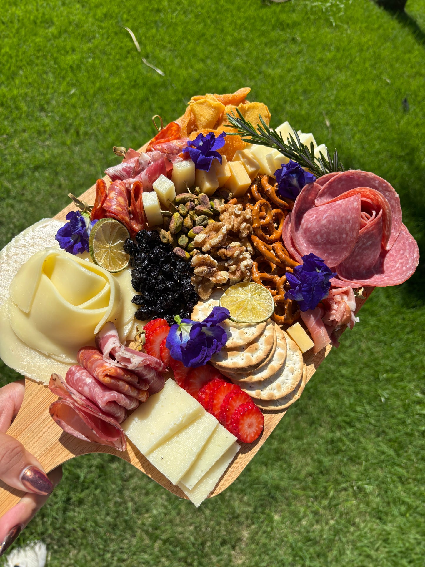 Wooden charcuterie board with various meats, cheeses, and fruits on a grassy background